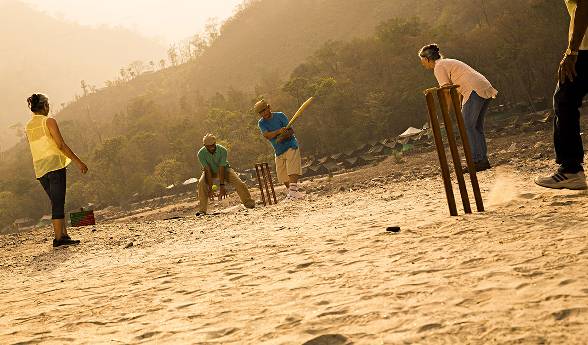 A group of active adults play an impromptu game of cricket in the setting sun.