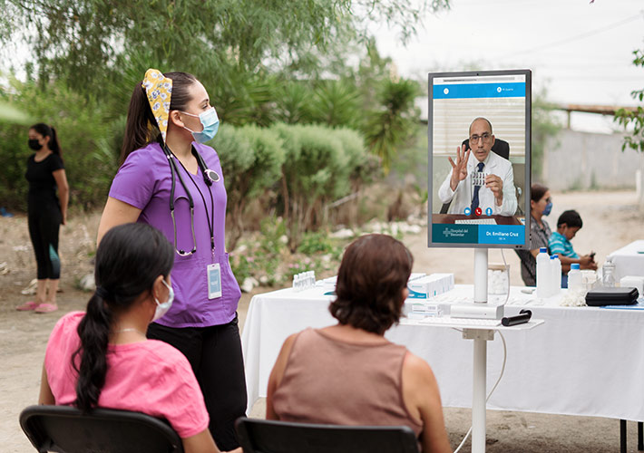 Remote telehealth visit with a doctor, outdoors